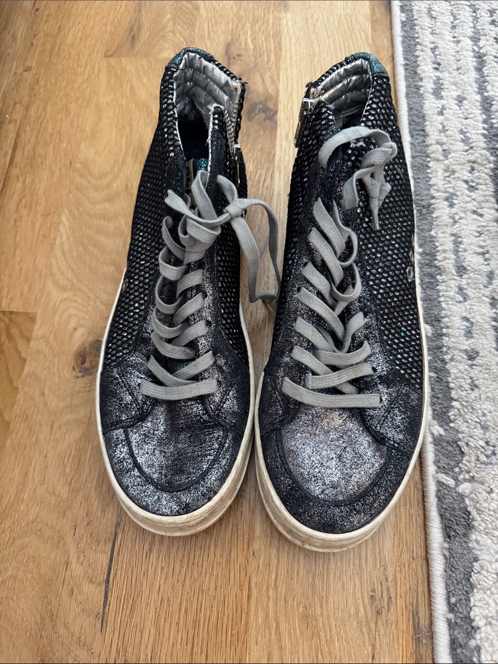 P448 Black Glitter High-Top Sneakers with Gray Laces